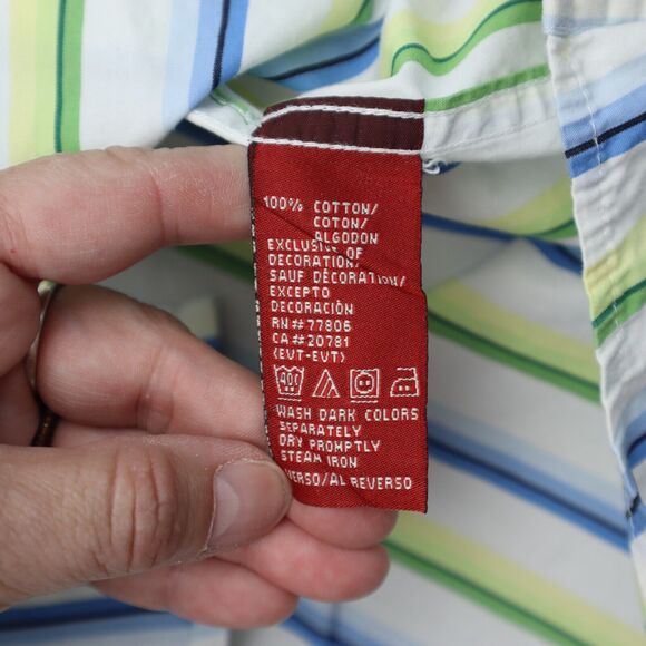 Tommy Hilfiger Denim Shirt Mens XL Blue Green Striped Logo Button Up Casual - Picture 8 of 16